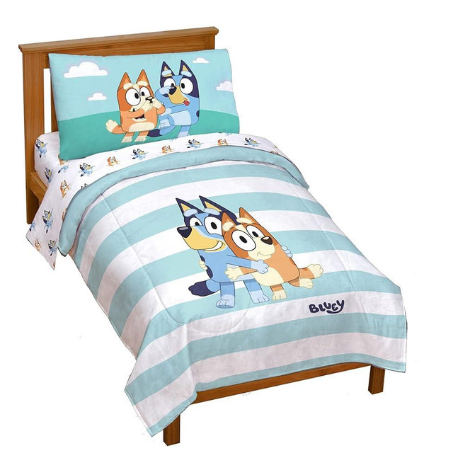 Jay Franco Bluey & Bingo 4 Piece Toddler Bedding Set – Includes Comforter, Sheets & Pillowcase, Super Soft Fade Resistant Microfiber, Official Licensed Toddler Bed Set for Boys and Girls, Blue