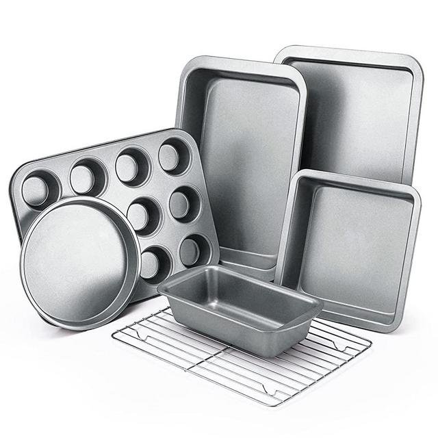 KITESSENSU Baking Pans Sets, Nonstick Bakeware Set 7-Piece with Round/Square Cake Pan, Loaf Pan, Muffin Pan, Cookie Sheet, Roast Pan, Cooling Rack, Carbon Steel Bake Set