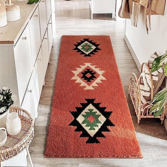 DEXDE Boho Bathroom Rug Runner 24x60 Long Bath Mat for Bathroom Bedroom Hallway Kitchen Shower Luxury Soft Absorbent Large Bohemian Carpet Runner Farmhouse Western Decor, Coral Red