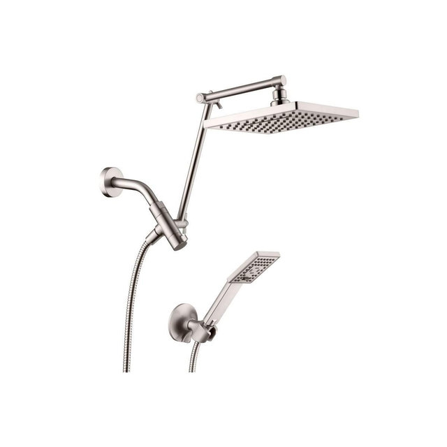 BRIGHT SHOWERS High Pressure 8" Square Rain Shower Combo with Double Extension Arm, Rainfall Head & Handheld Spray Set, Brushed Nickel