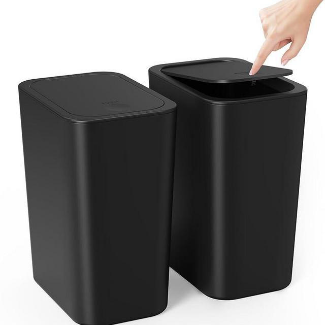 Cesun Bathroom Trash Can with Lid, 2 Pack 2.6 Gallon Small Black Garbage Can, Press Top Lid Trash Bin, Dog Proof Trash Cans Plastic Waste Basket for Bedroom Toilet Office