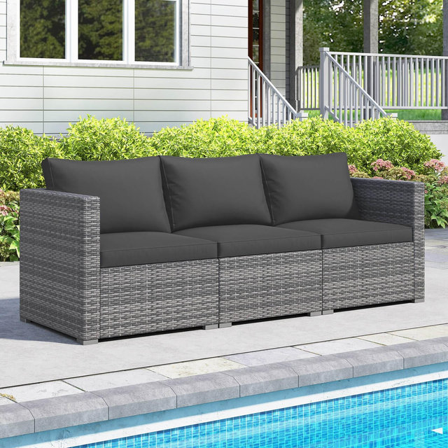 Costway 3PCS Patio Sectional Sofa Set, PE Rattan Modular Couch Furniture Set with Cushions Black + Mix Gray