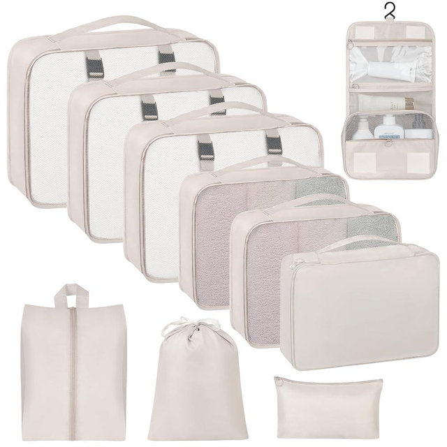 10 Set Packing Cubes for Travel, Luggage Organizer Bags with Hanging Toiletry Bag and Shoe Bag, Travel Packing Cubes for Carry on Suitcase Luggage Accessories Vacation Essentials (Black)