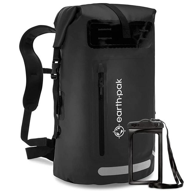 Earth Pak Waterproof Backpack: 35L / 55L Heavy Duty Roll-Top Closure with Easy Access Front-Zippered Pocket and Cushioned Padded Back Panel for Comfort; IPX8 Waterproof Phone Case Included