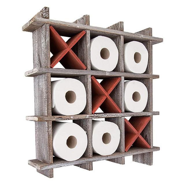 Rustic Tic-Tac-Toe Toilet Paper Holder for Bathroom – Playful Storage Shelves for Toilet Tissue in Distressed White Color – Freestanding or Wall Mount Bath Shelves for Your Farmhouse Décor
