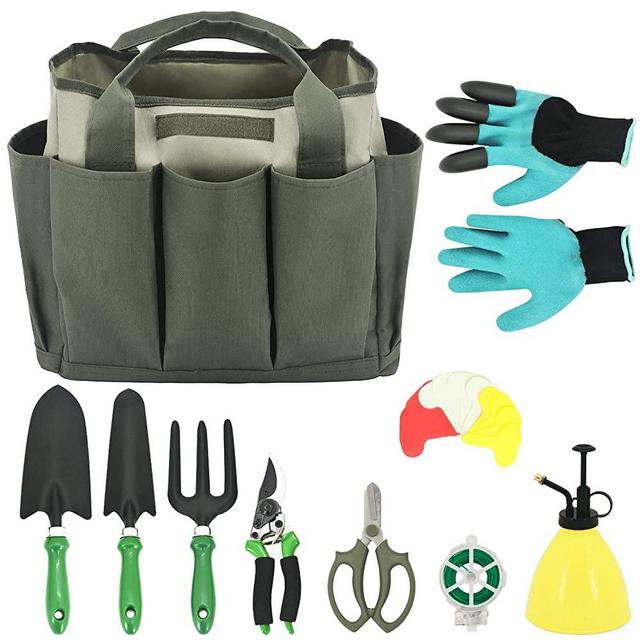HORTICAN Gardening Tool Set 21 Piece Gardening Kit with Wooden Handle, Include Gardening Bag, Hand Rake Fork Trowel Gardening Accessories,Gardening Gifts Tools for Women