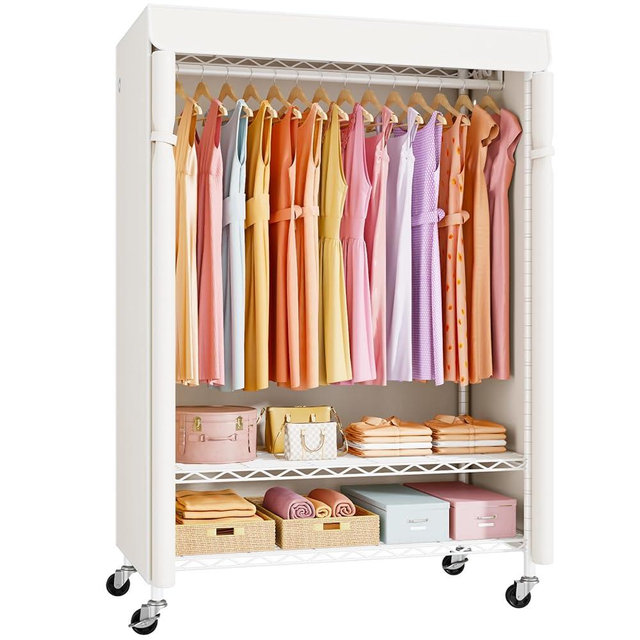 ULIFHOME P6C Plus Rolling Clothes Rack with Cover, Covered Clothing Rack Heavy Duty, Portable Closet for Hanging Clothes, Garment Rack on Wheels, White Closet Rack with White Cover, Max Load 375LBS