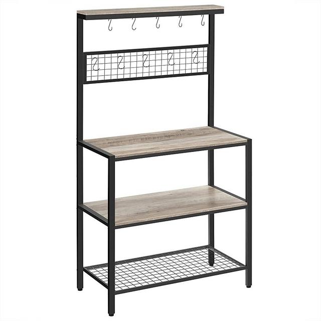 VASAGLE Bakers Rack, Coffee Bar, Kitchen Storage Shelf Rack with 10 Hooks, 3 Shelves, Adjustable Feet, for Microwave Oven, 33.1 x 15.7 x 66.9 Inches, Industrial, Greige and Black UKKS017B02