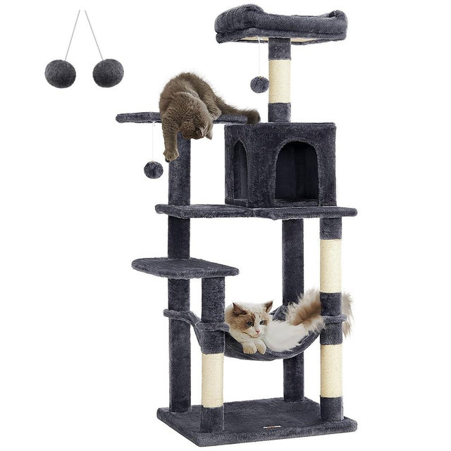 Feandrea Cat Tree, 56.3-Inch Cat Tower for Indoor Cats, Multi-Level Cat Condo with 4 Scratching Posts, 2 Perches, Hammock, Cave, Smoky Gray UPCT161G01
