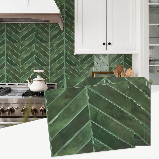 STICKGOO 10 Sheets Thicker Herringbone Peel and Stick Backsplash, 12.6”×9.7” Stick on Wall Tiles, Self Adhesive Tile Sticker for Kitchen Backsplash and Bathroom, Green