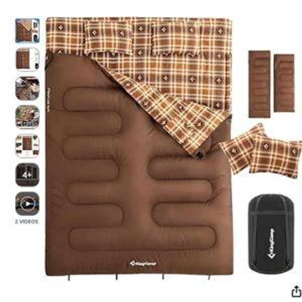 KingCamp Double Sleeping Bag for Adults, Queen Size 2 Person XXL Flannel Sleeping Bag, Waterproof Lightweight Flannel Quilt with 2 Pillows, Perfect for Couples Family Camping Hiking