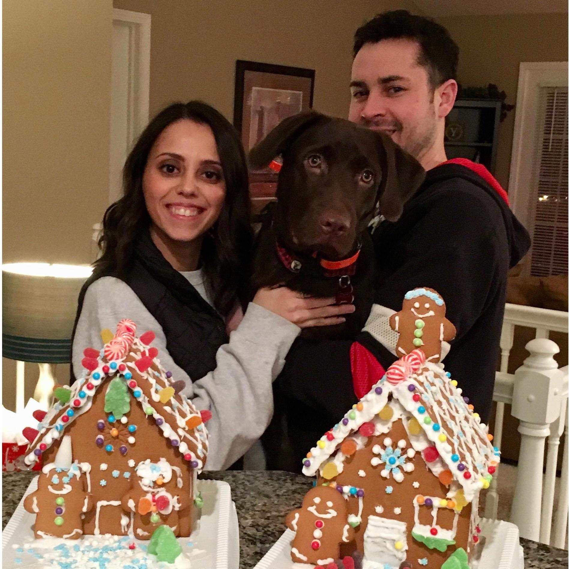Making gingerbread houses with our pup, Theo!