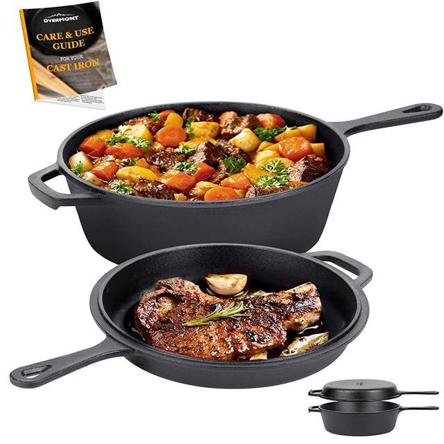 Overmont 10.5" Cast Iron Skillets 3.2 QT Deep Pot + Frying Pan Lid Pre-seasoned Multi Cooker Skillet Set Dutch Oven Suitable for Grill, Baking, Works on Induction, Electric, Stovetop & in Oven