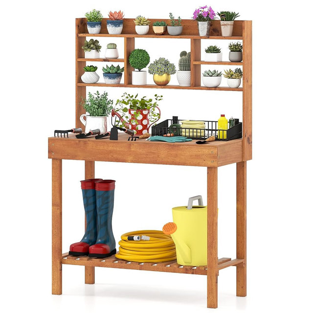 Giantex Potting Bench, Outside Solid Wood Potting Table with Flip-up Tabletop, Shelves, Indoor Outdoor Wooden Workbench for Patio Porch Balcony, Potted Plant Display Rack, 42"x18"x60", Brown