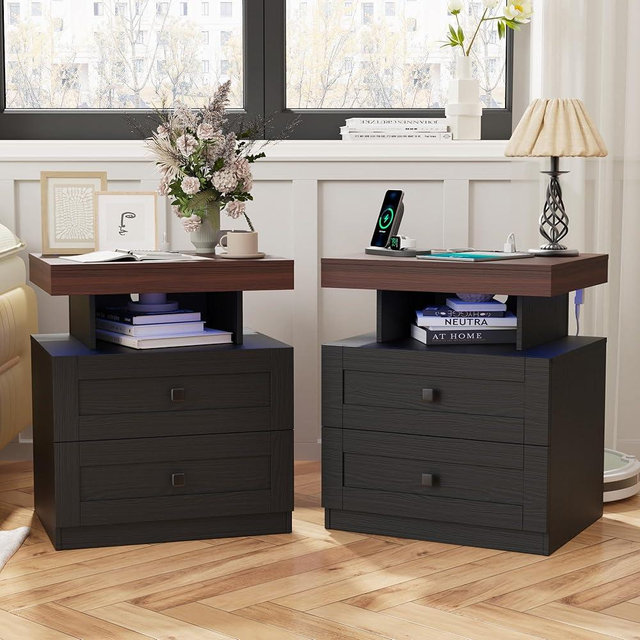 MHOM Farmhouse LED Nightstand Set of 2, Wood Bedroom Side Table with Charging Station, Rustic End Table with Drawers for Bedroom, Antique Black