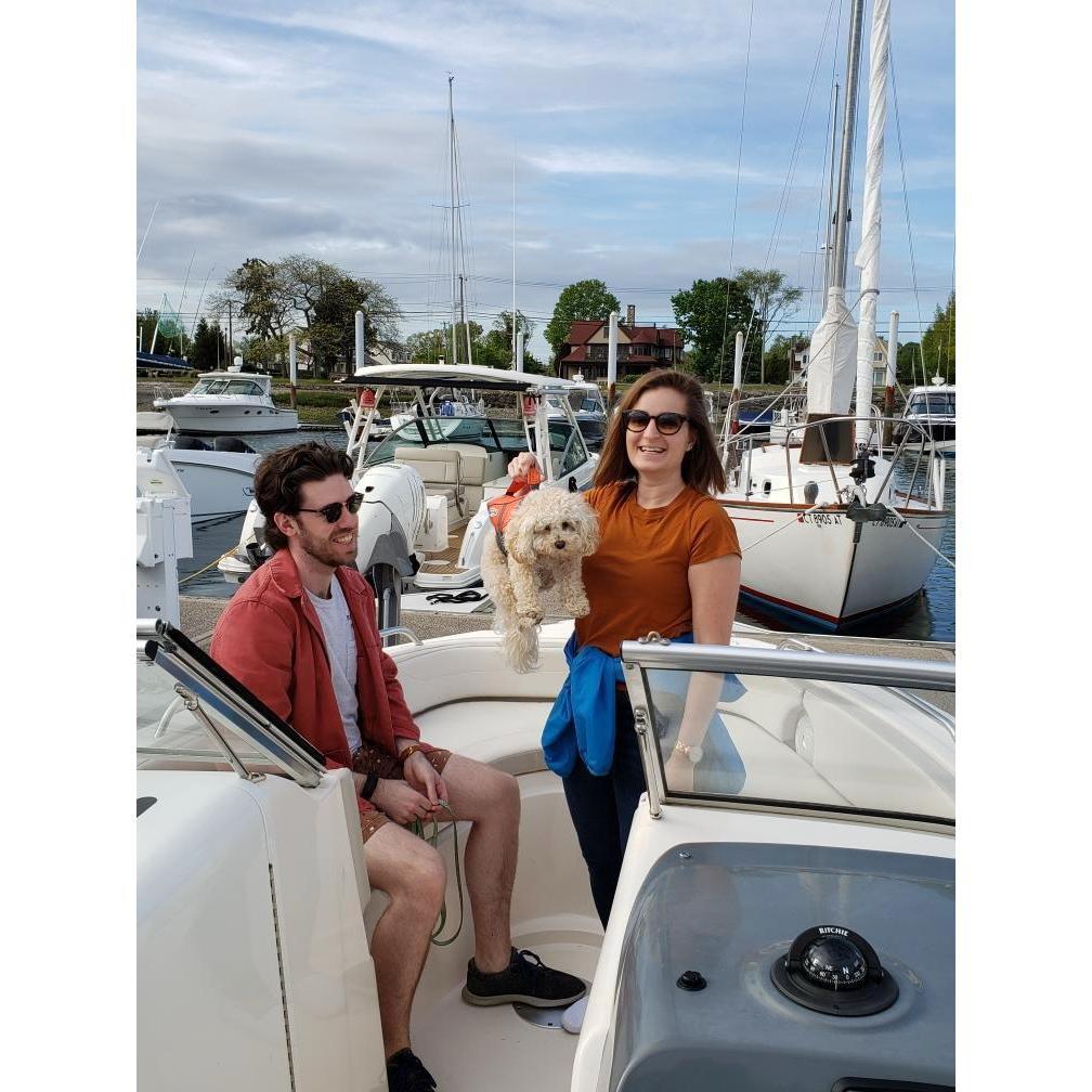 Macaroon (literally) hanging out in his life vest in Bobby's hometown of Westport, CT