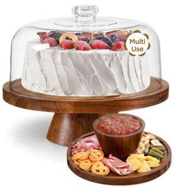 HBlife Cake Stand with Lid (11.4"), Multifunctional Cake Stand with Acrylic Dome, Acacia Wood 6-in-1 Cake Plate Display Stand with Cover for Baking Gifts, Birthday Kitchen Parties, Weddings