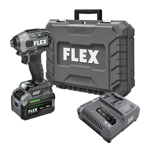 FLEX 24V Brushless Cordless 1/4-Inch 2,500 In-Lbs Torque Quick Eject Hex Impact Driver Multi-Mode Kit with 6.0Ah Stacked Lithium Battery and 280W Rapid Charger - FX1371A-1H