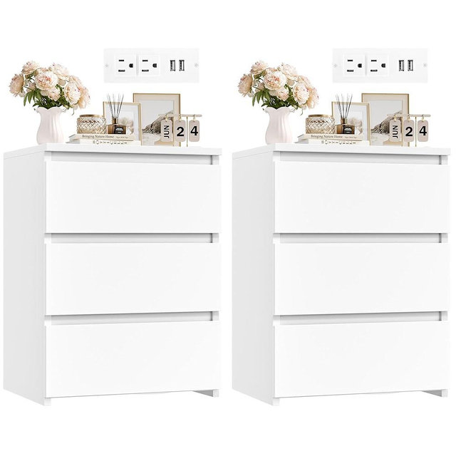 FOTOSOK White Nightstand Set of 2, 26" H White Night Stand with Charging Station, Nightstand Set 2 with USB Ports & Power Outlets, Silent Slides, Wooden End Side Table Bedside Table for Bedroom