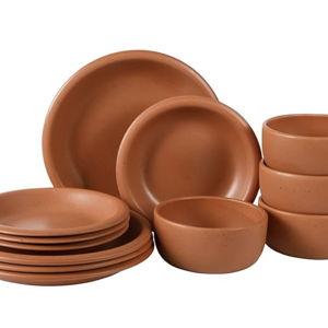 Bloomhouse - Two Time Oprah's Favorite Things Winner - Corsica Clay 12-Piece Stoneware Rustic Reactive Glaze Dinnerware Set - Stackable Plates Bowls Set Service for 4 - Matte Burnt Apricot Terracotta