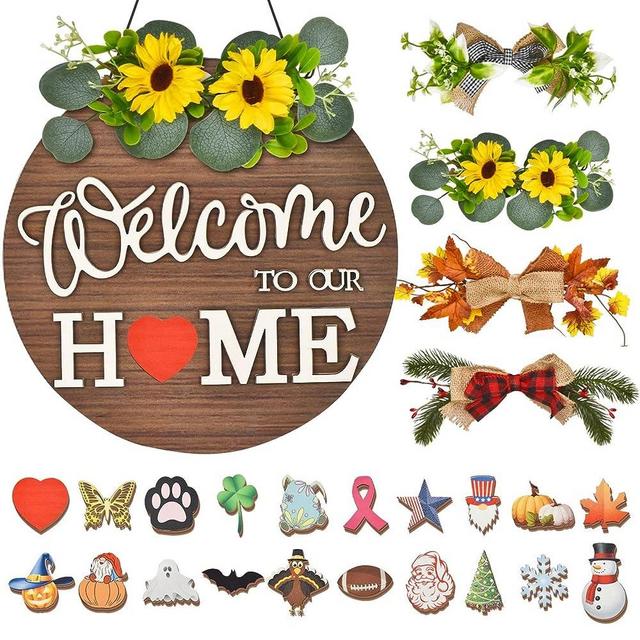 Welcome Sign for Front Door, Interchangeable Welcome Sign with 4 Seasonal Wreaths & 20 Customizable Icons, Rustic Wooden Welcome Home Sign - Perfect for Farmhouse Decor and Housewarming Gifts!