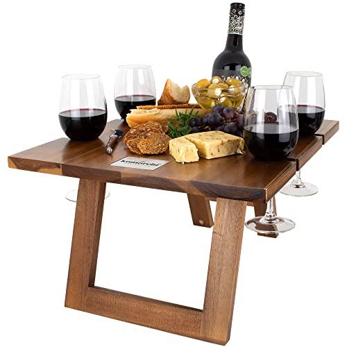 KOMOREBI Portable Folding Wine and Champagne Picnic Table - Lightweight Custom Acacia Wood Table - Foldable Legs, Food-Safe Top, Bottle & Glass Holders - Perfect for Camping, Beach, Outdoor Dinner