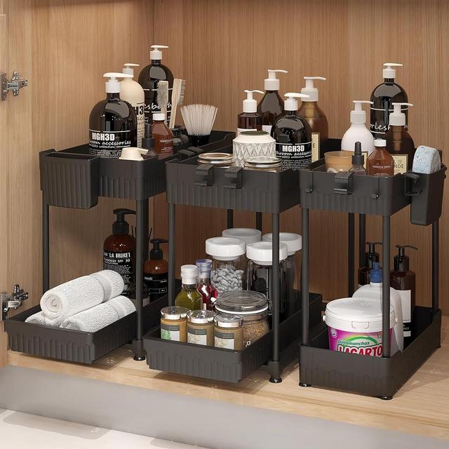 Sevenblue Under Sink Organizer, 3 Pack, 2-Tier with Sliding Drawer, Multi-Use Kitchen Organizers and Storage, Bathroom Cabinet Organizer with Hook and Hanging Cup, Black