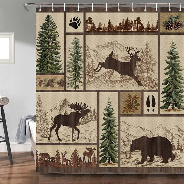 Rustic Cabin Shower Curtain for Bathroom, Forest Bear Deer Wildlife Country Bath Curtains, Hunting Camping Waterproof Fabric Bathroom Accessories Set, 36x72 inch with Hooks