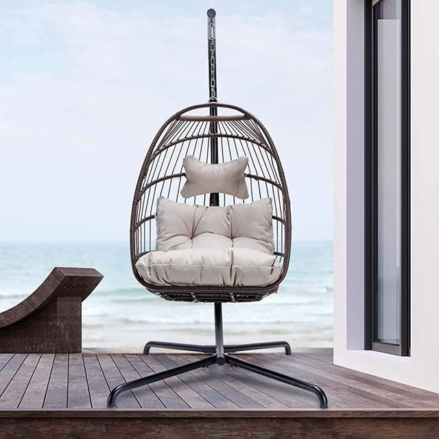 RADIATA Foldable Wicker Rattan Hanging Egg Chair with Stand, Swing Chair with Cushion and Pillow, Lounging Chair for Indoor Outdoor Bedroom Patio Garden (Brown)