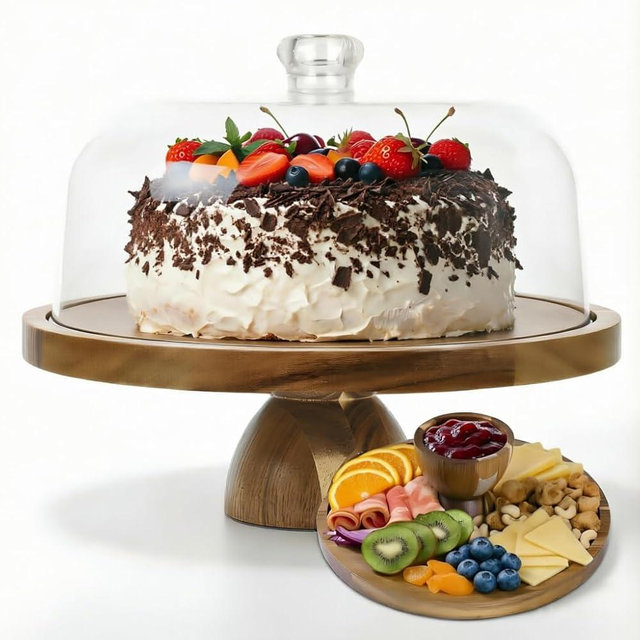 JOCHER Acacia Wood Cake Stand with Lid, 12in Cake Stand with Acrylic Dome, 2-In-1 Cake Display Stand for Charcuterie Board, Chips & Dips, Fruit Platter, Wedding, Birthday, Parties
