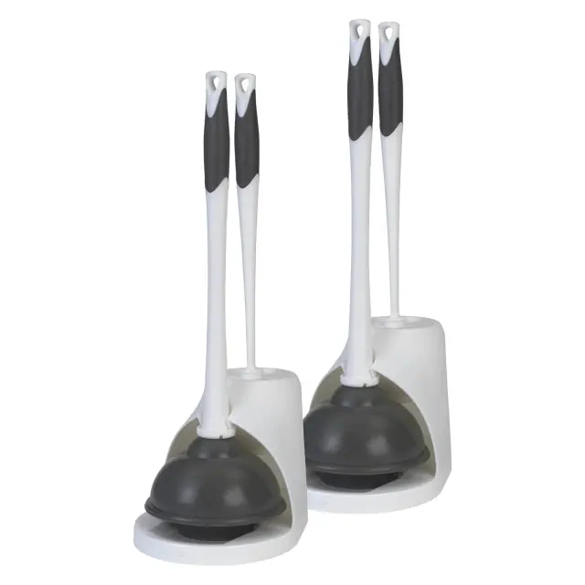 Clorox Toilet Plunger and Bowl Brush Combo Set with Caddy, 6.75" x 7" x 19.5", white/gray, pack of 2