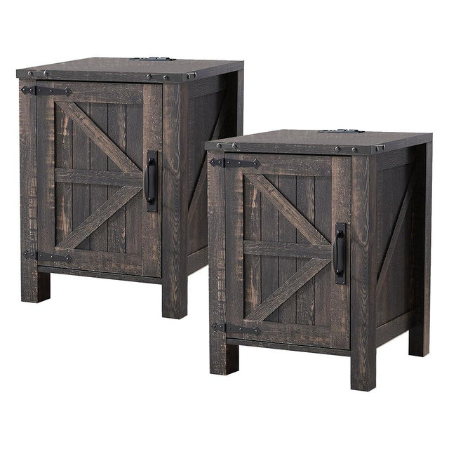 OKD Farmhouse Nightstand Set of 2, 18 Inch Rustic End Table with Charging Station, Barn Door, Adjustable Storage Shelf, Wood Sofa Side Table for Living Room, Bedroom, Dark Rustic Oak