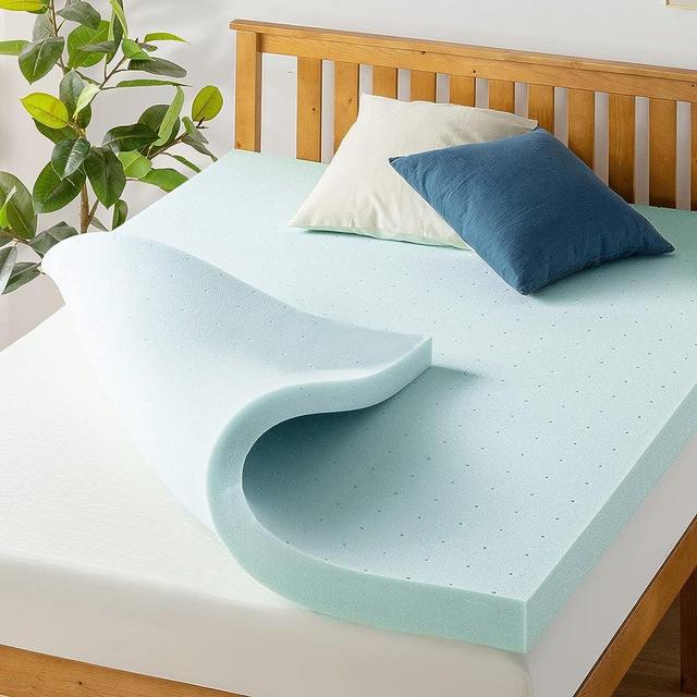 Best Price Mattress 4 Inch Ventilated Memory Foam Mattress Topper, Cooling Gel Infusion, CertiPUR-US Certified, Short Queen Light Blue