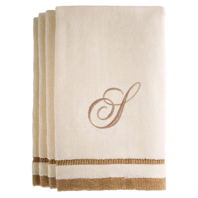 Monogrammed Gifts, Fingertip Towels, 11 x 18 Inches - Set of 4- Decorative Golden Brown Embroidered Towel - Extra Absorbent 100% Cotton- Personalized Gift- for Bathroom/Kitchen- Initial S (Ivory)