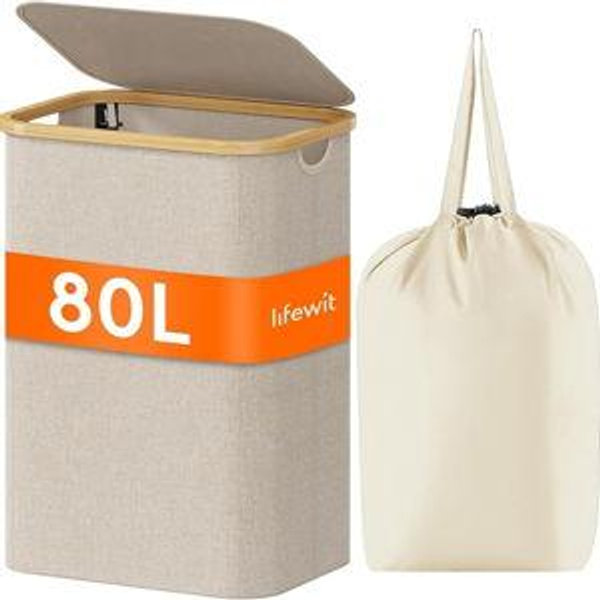 Lifewit 80L Laundry Basket with Lid, Clothes Hampers for Laundry with Bamboo Handles and A Removable Laundry Bag, Large Foldable Laundry Hamper for Bedroom, Bathroom, Dorm, Laundry Room, Beige
