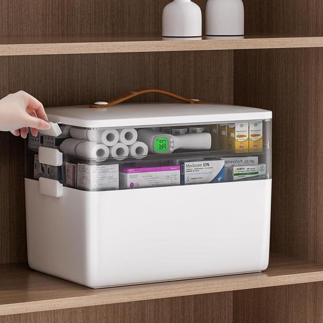 JOYBOS 3-Tier Medicine Storage Box Cabinet, Empty First Aid Kit Portable Medical Supply Organizer with Leather Handle for Home