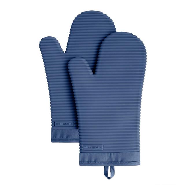 KitchenAid Ribbed Soft Silicone Oven Mitt 2-Pack Set, Blue Willow, 7.5"x13"