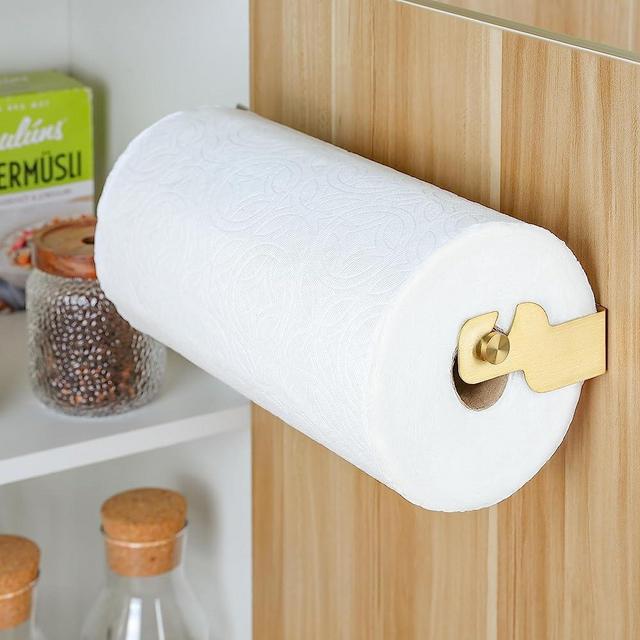 ZUNTO Paper Towel Holder Cabinet Door - Under Cabinet Paper Towel Holder, Self Adhesive Paper Towel Roll Holder Wall Mount, Stainless Steel (Gold)