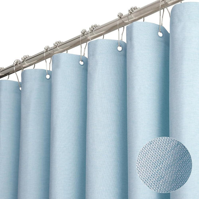 BTTN 78 Inch Long Shower Curtain - Linen Textured Weighted Fabric Shower Curtain Set with 12 Hooks, Tall Hotel Neutral Heavy Duty Waterproof Polyester Shower Curtains for Bathroom - 72x78 - Fog Blue