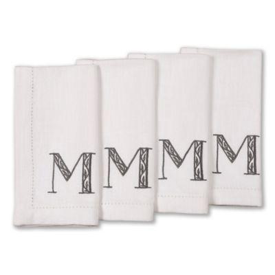 KAF Home Rustic Embroidered Monogram Letter "M" Napkins in White/Pewter (Set of 4)