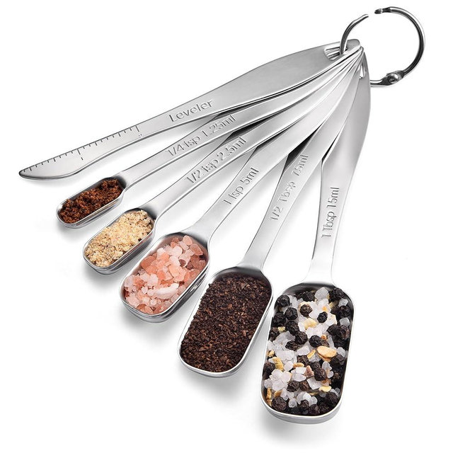 18/8 Stainless Steel Measuring Spoons: Doosu Heavy Duty Rectangular Spoon Square Teaspoon Tablespoon Scoop with Slim Long Handle in Narrow Spice Jar for Kitchen Baking Cooking (Set of 6 with Leveler)