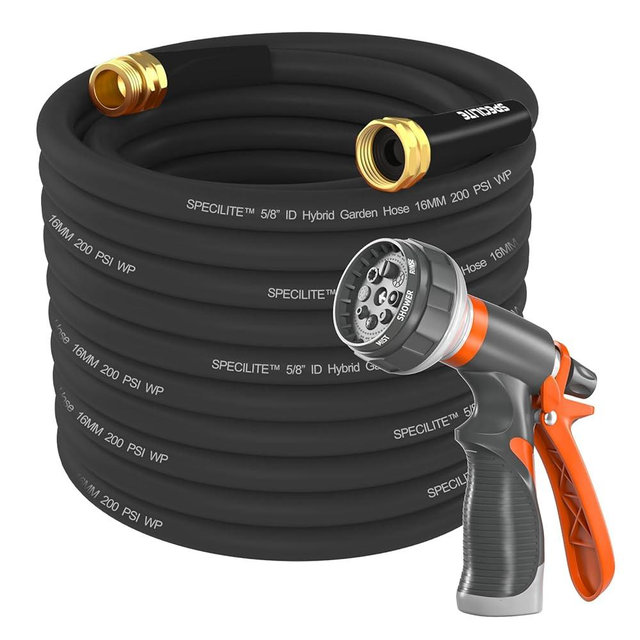 SPECILITE Garden Water Hose 100 ft x 5/8 in Heavy Duty, Flexible and Lightweight, Burst 600 psi, Kink-less Hybrid Rubber Pipe for Backyard, 3/4'' Brass Fittings, Black