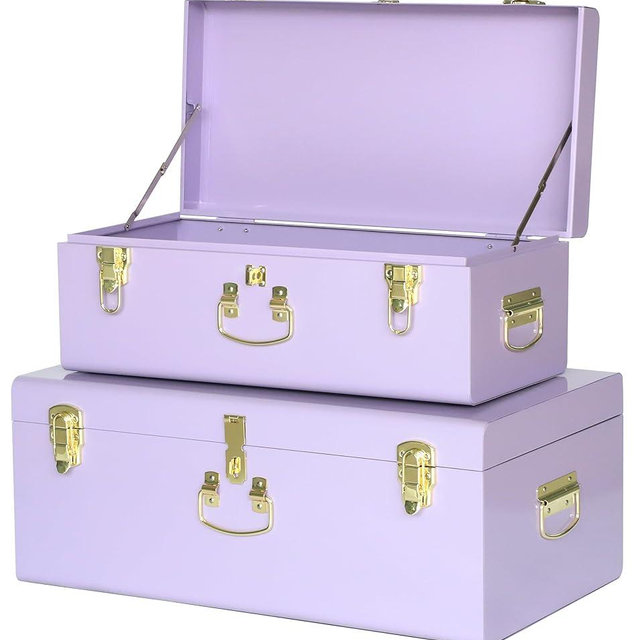 Vixdonos Storage Trunk Chest Decorative Large Metal Box Set of 2 College Dorm Organizer with Hardware Hasps and Handle for Home Deocr,23.7X14.2X9.5 Inches