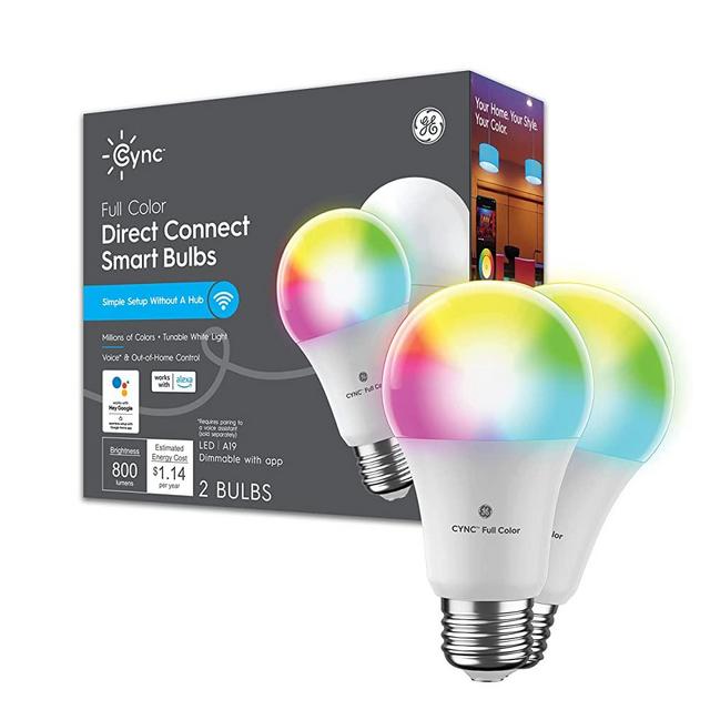 GE Lighting Cync Full Color Direct Connect A19 LED Smart Light Bulbs with Bluetooth and Wi-Fi, 60W Replacement, Alexa + Google Home Compatible Without Hub, 2-Pack (New for 2021)