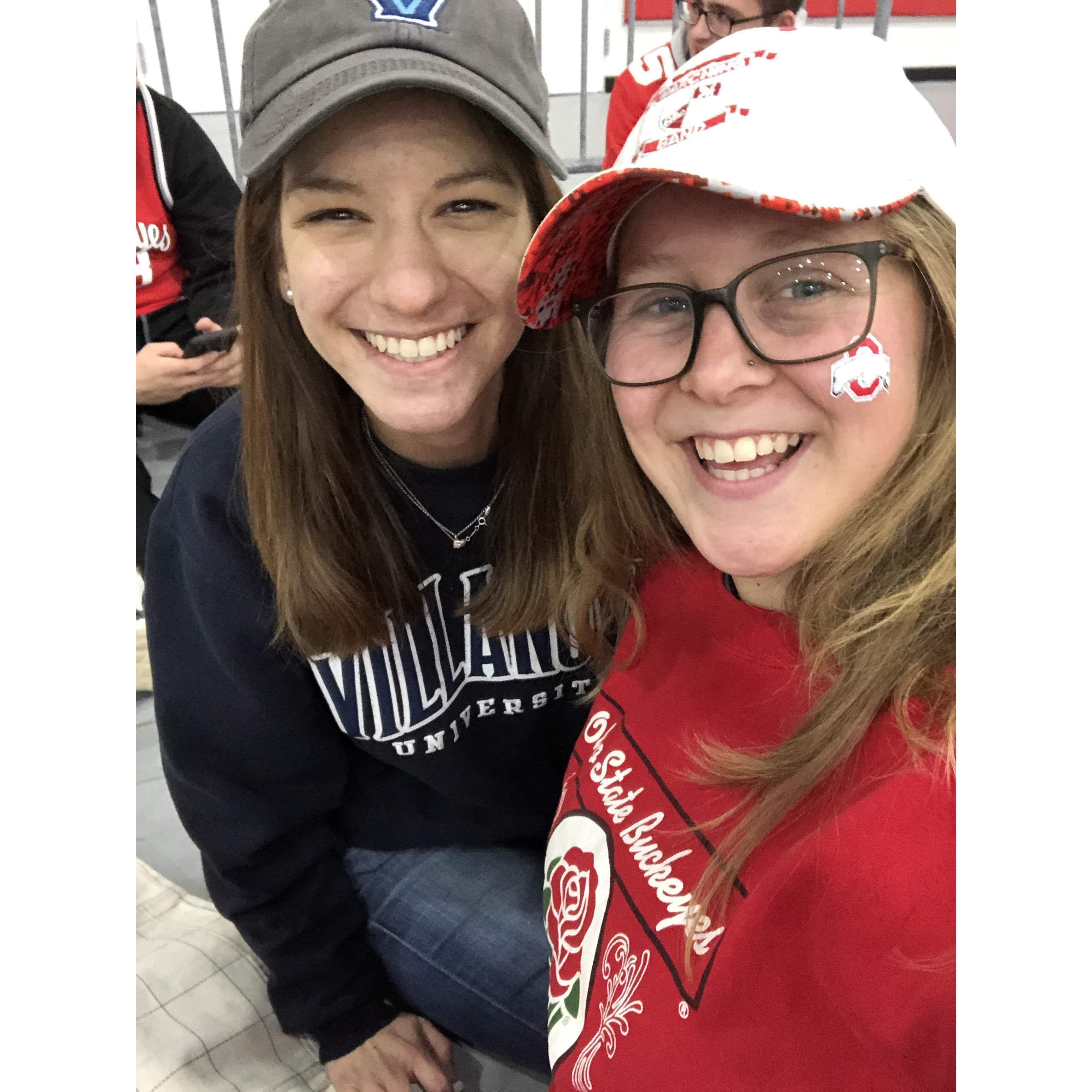 Dev and Court waiting in line to get front row seats to the Villanova vs OSU basketball game!