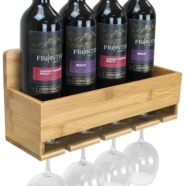 Sorbus Bamboo Wall-Mounted Wine Rack - for Wine Bottles & Stemware Glasses - Elegant Wood Storage for Kitchen, Dining Room, Bar, Wine Cellar