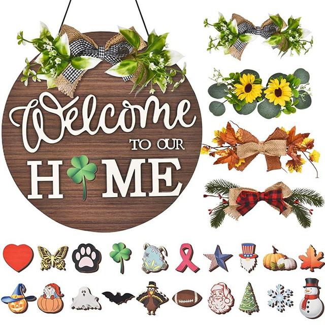 Interchangeable Welcome Sign for Front Door - St. Patrick's Day Door Decorations Front Porch Decor Rustic Wooden Wreaths Wall Hanging Sign with 4 Seasonal Wreaths & 20 Holiday Icons for Home Decor