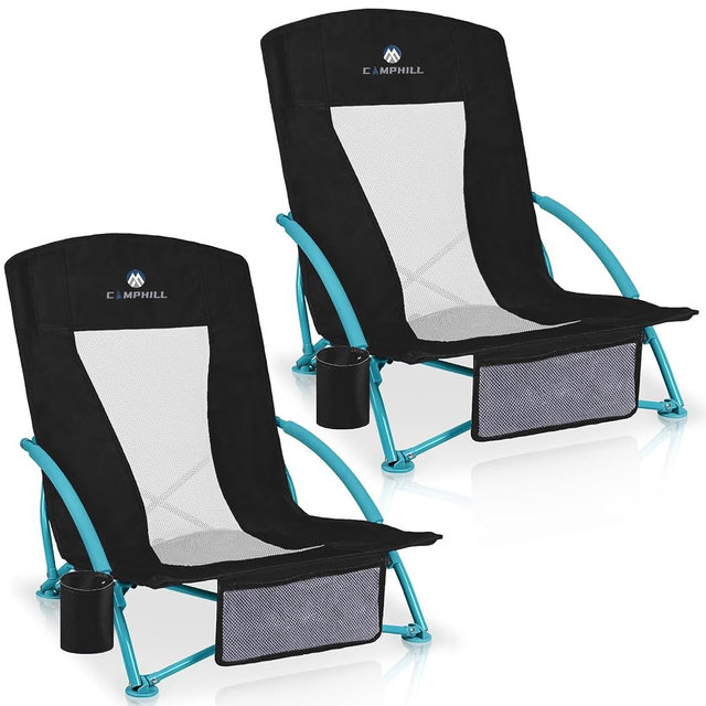 Low Beach Chairs 2 Pack,Folding Compact Low Seat Chairs for Adults w/Mesh Back,Cup Holder & Storage Bag,Heavy Duty Chair for Outdoor Sand,Travel,Camping,Picnic,Black