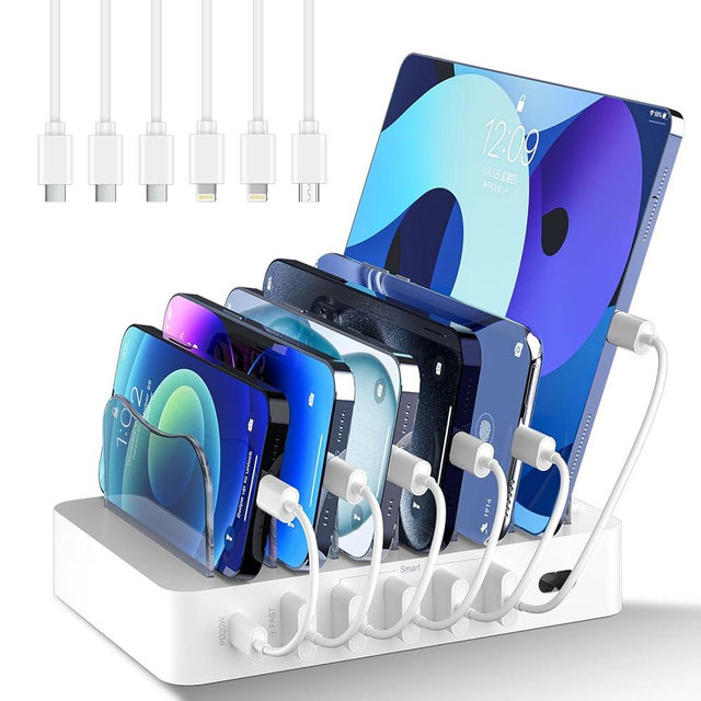 Charging Station for Multiple Devices: 68W 6 Port 20W Fast Phone Charger Dock with 6 Cables, Compatible with Apple Cellphone iPad iPhone Tablet and Other Electronic (White)