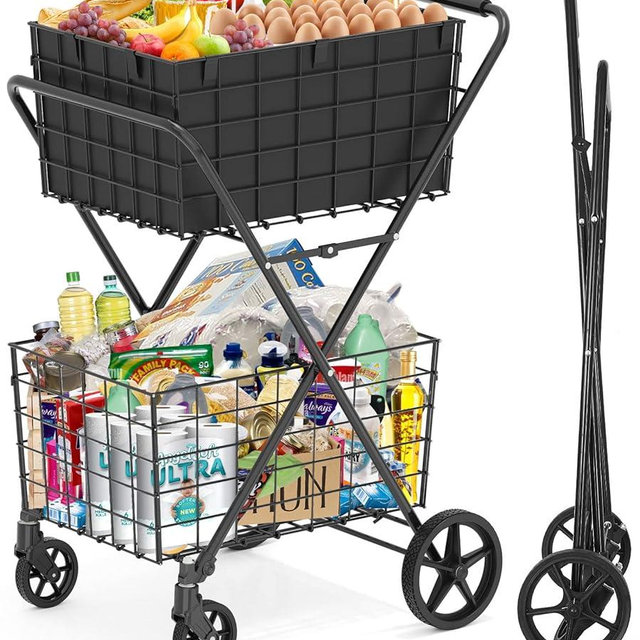 [2025𝐍𝐄𝐖] 2-Tier Extra Large Collapsible Grocery Cart On Wheels, 400lbs Shopping Cart For Groceries With 2 Removable Baskets, Waterproof Liner, Heavy Duty Foldable Shopping Utility Cart For Seniors
